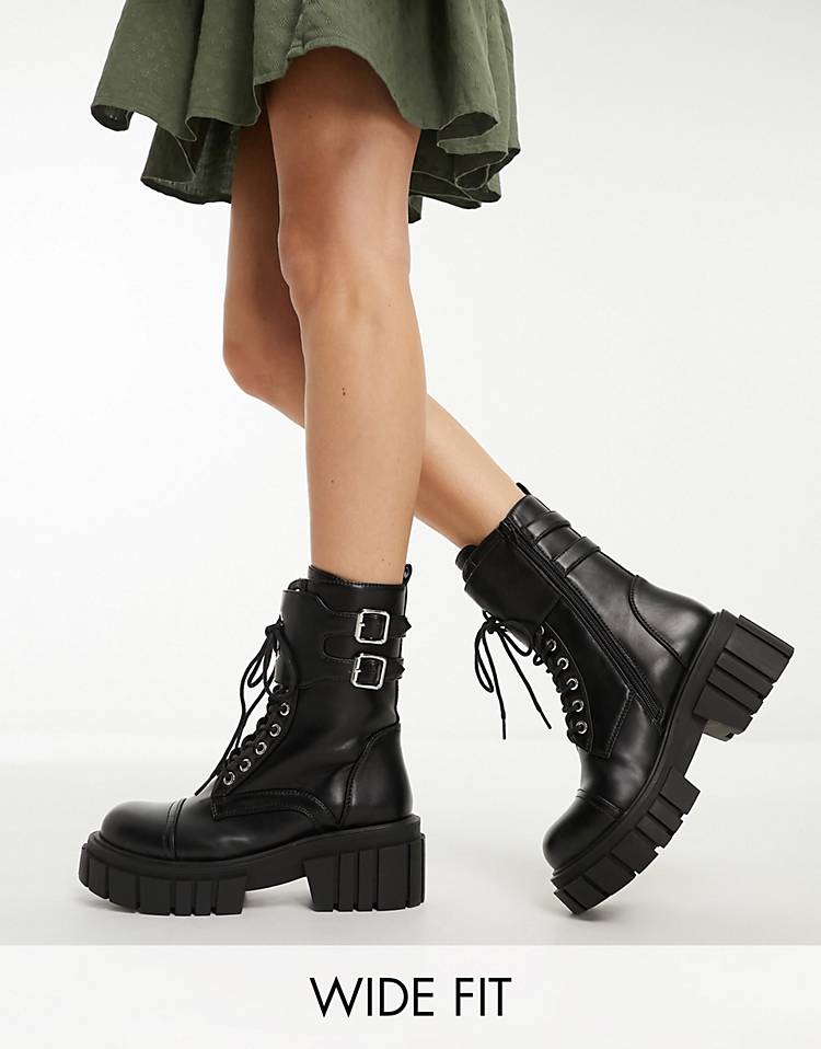 Glamorous Wide Fit chunky combat ankle boots in black